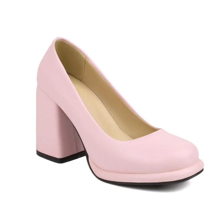 Women's Candy Color Square Toe Shallow Block Chunky Heel Platform Pumps
