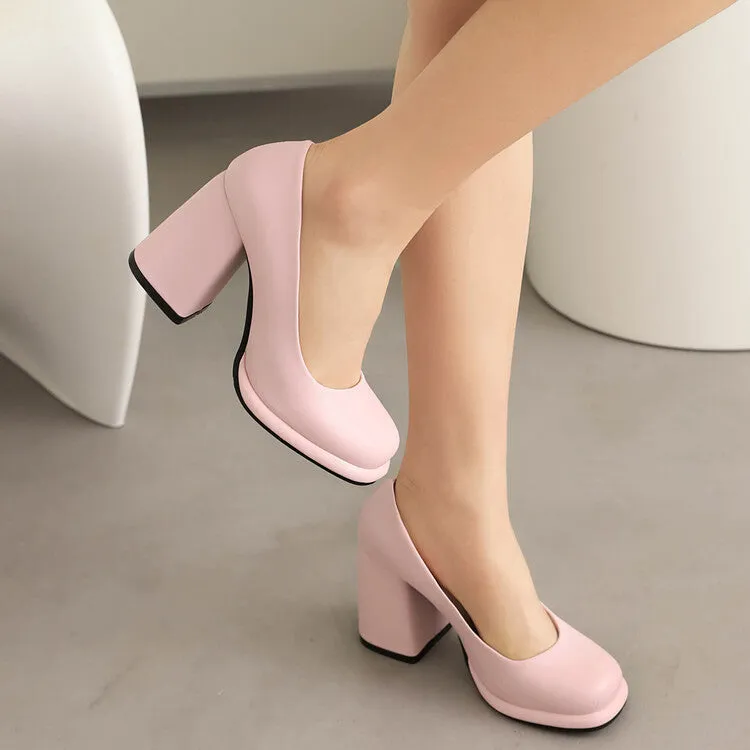 Women's Candy Color Square Toe Shallow Block Chunky Heel Platform Pumps