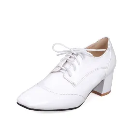 Women's Patent Leather Lace Up Chunky High Heels